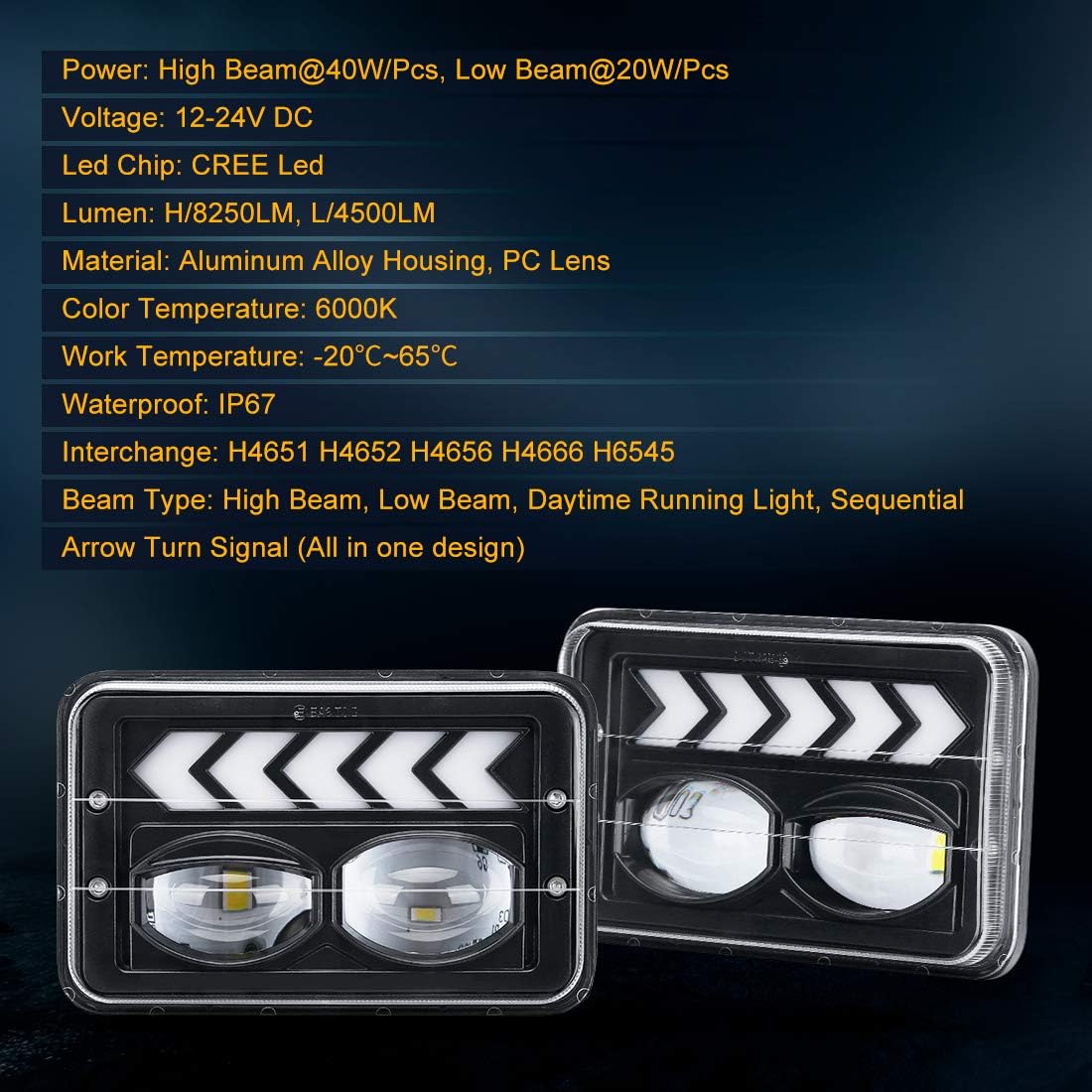 4pcs 4x6 inch LED Headlights Hi/Lo Beam Halo DRL Turn Signal Rectangular Replacement S11812