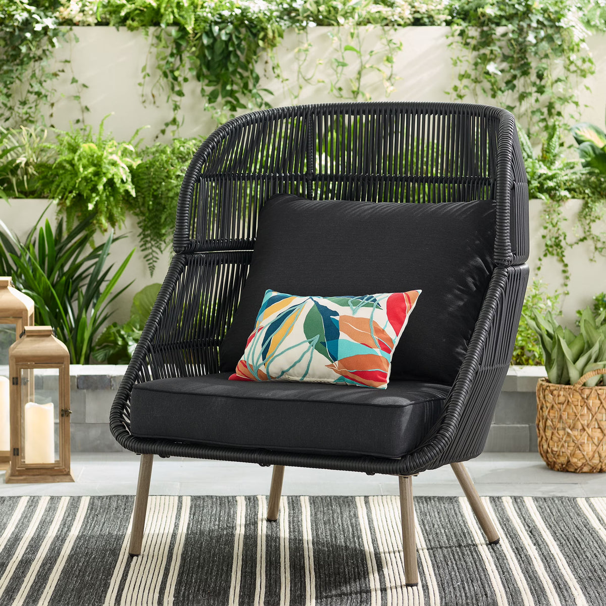 Black Wicker Outdoor Accent Chair with Cushions B581398