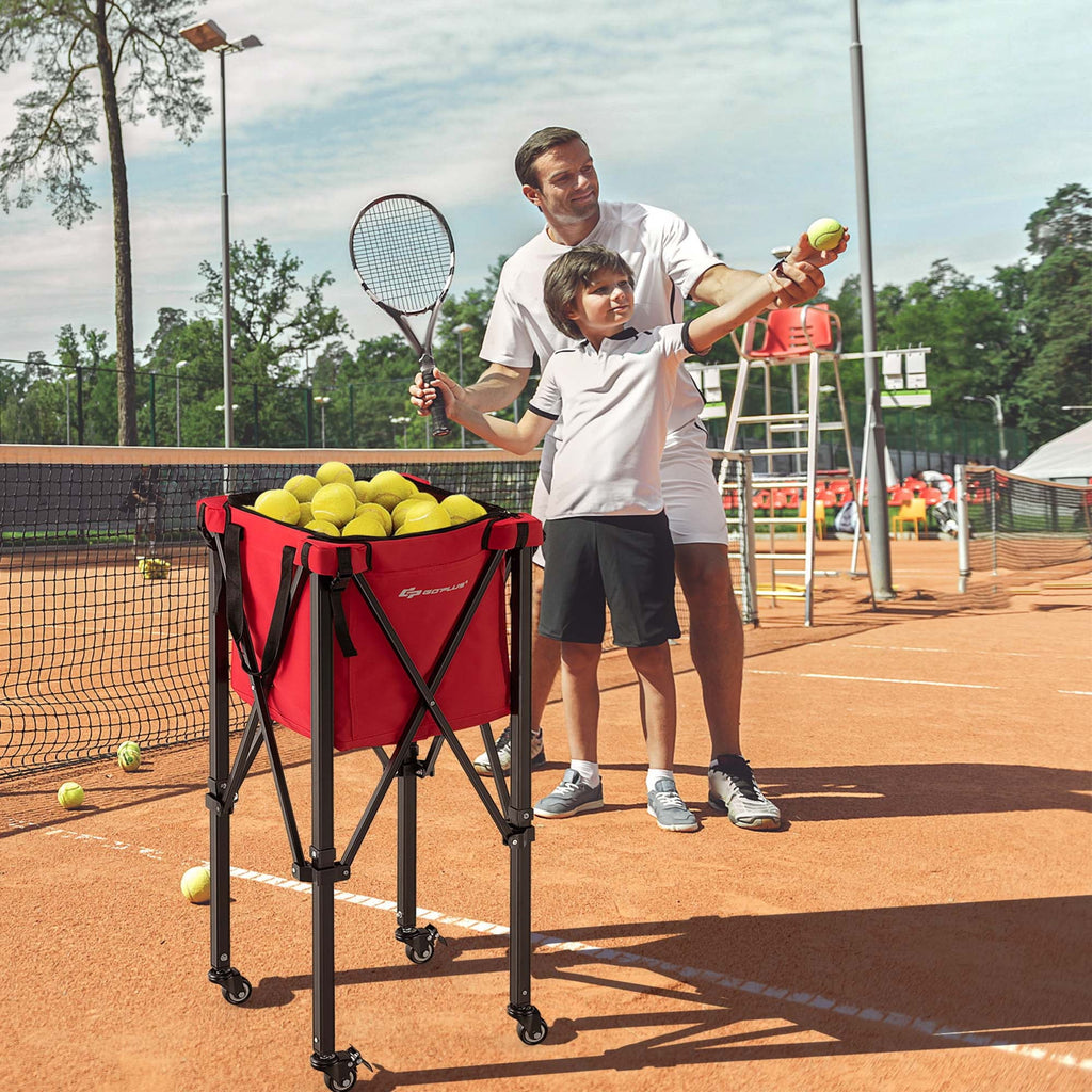 Foldable Tennis Ball Hopper Basket with Wheels & Bag Blue C56896