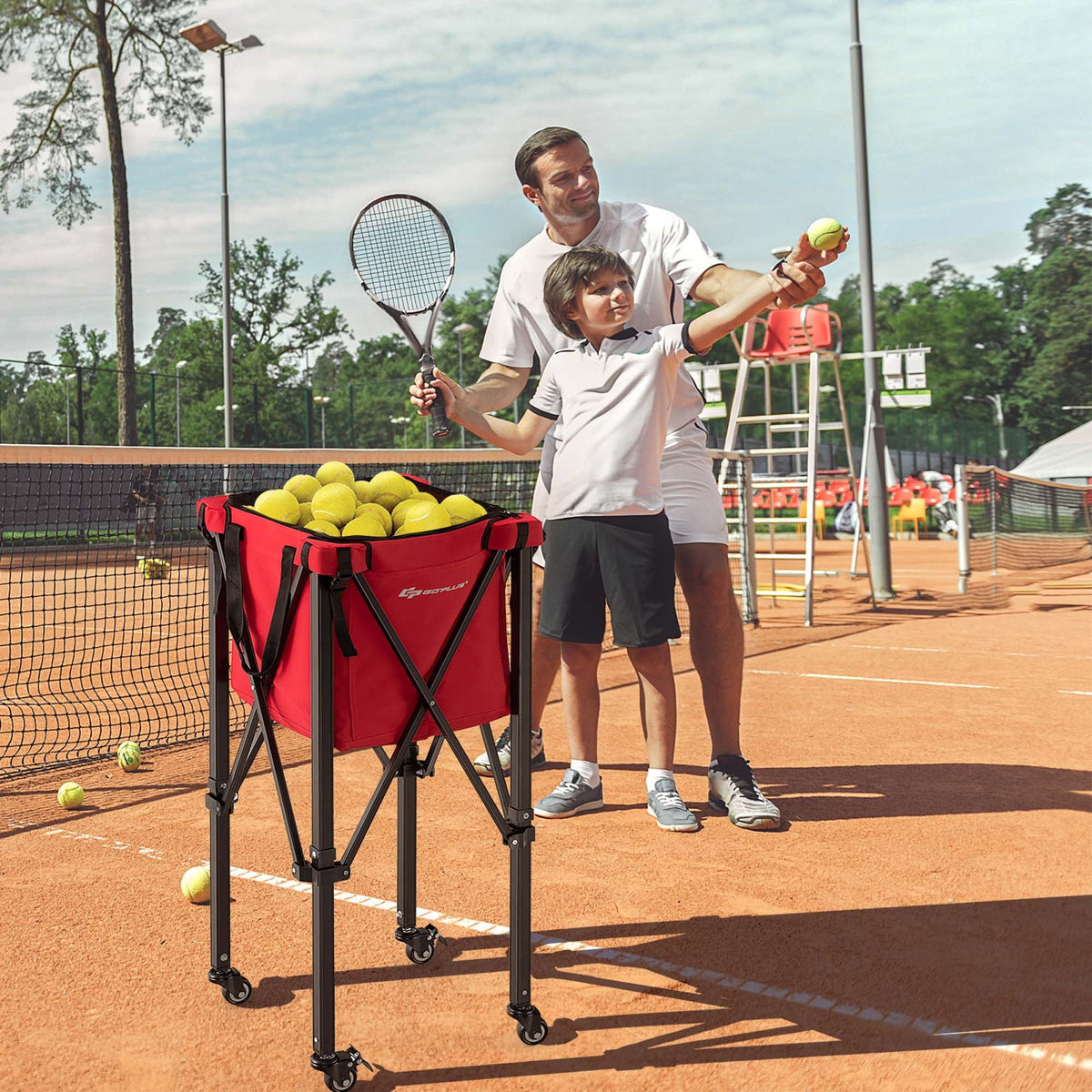 Foldable Tennis Ball Hopper Basket with Wheels & Bag Blue C56896
