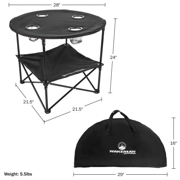 Round 2-Tier Folding Camp Table with 4 Cupholders and Carrying Bag Z643344
