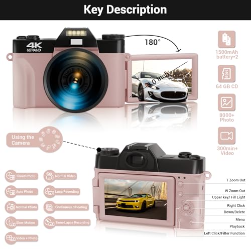 56MP 16X Digital Zoom WiFi 3'' 180° Flip Screen Compact Camera with 2 Batteries 64GB Micro SD Card (Black) J488855
