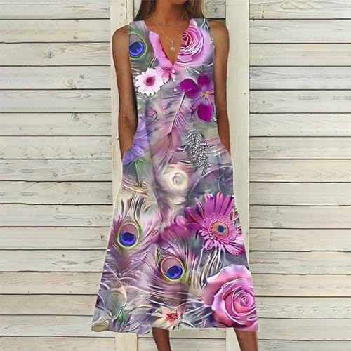 Vintage Ethnic Floral Boho Summer Maxi Dress with Pockets Buttons V Neck O968