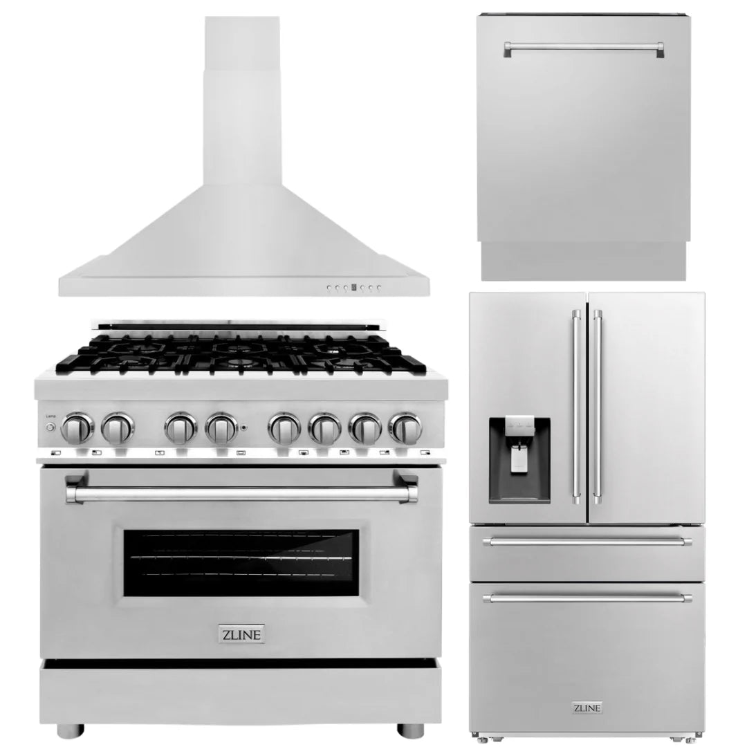 36 Dual Fuel Range, Refrigerator with Water and Ice Dispenser, Range Hood, Dishwasher D609