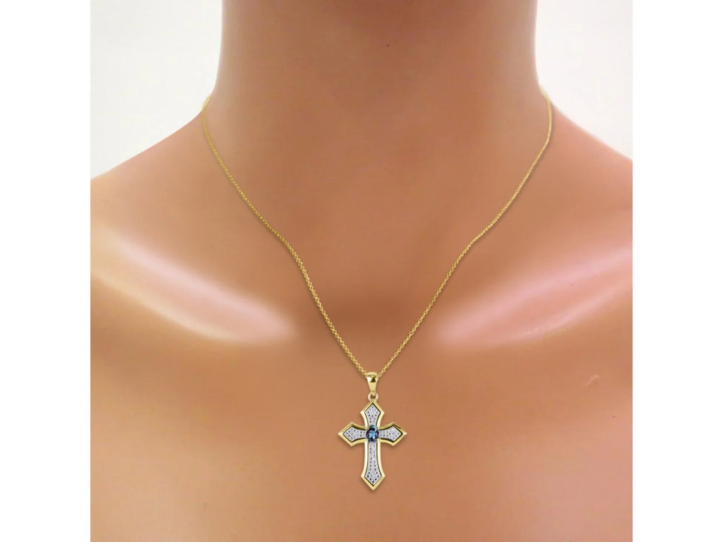 Yellow Gold Plated Silver 925 Cross Necklace with Genuine Diamonds Pendant, 18" Chain C215164