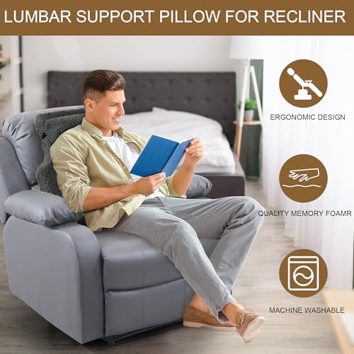 Sherpa Fleece Lumbar Support Pillow with Headrest Memory Foam Recliner Chair Cushion (Grey) T4119