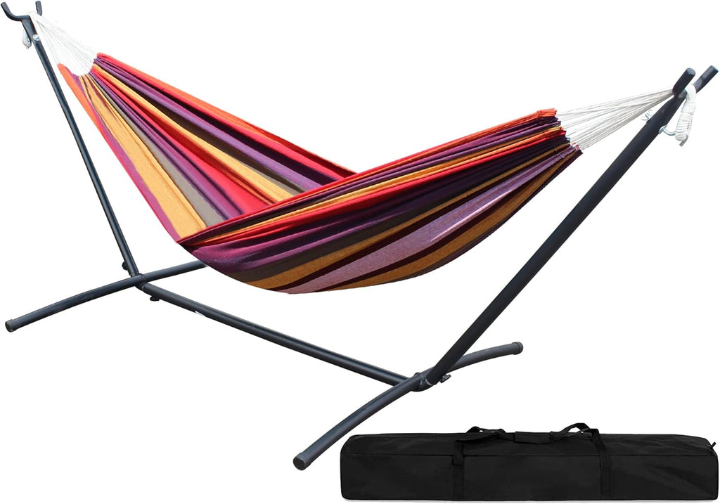 Double Hammock with Steel Stand 2 Person Heavy Duty 450lb Capacity Beige Pack of 2 H8340