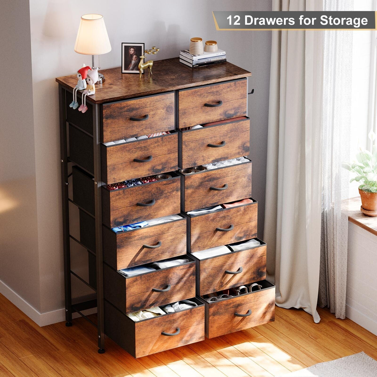 12 Drawer Tall Fabric Dresser Rustic Brown M95478