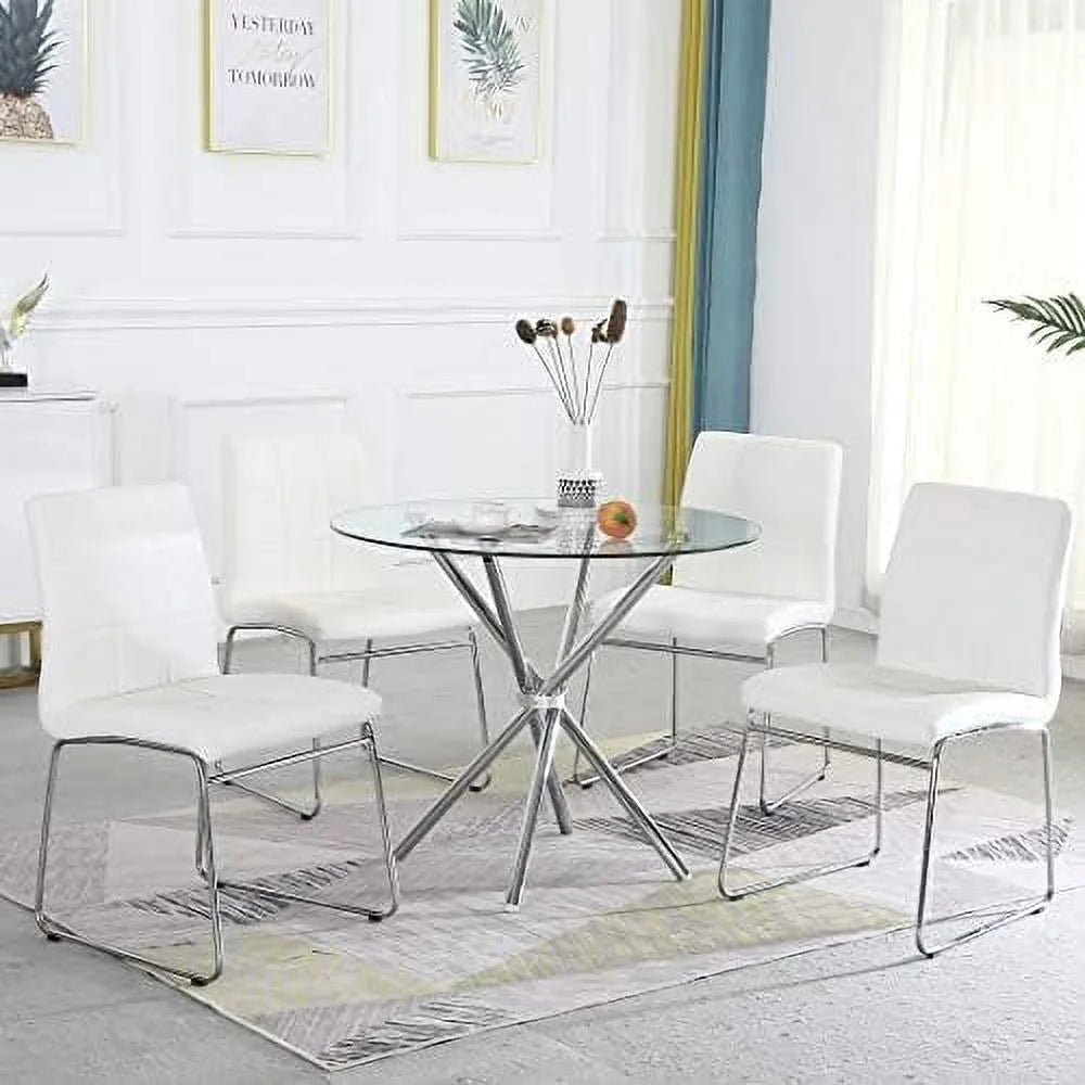 Round Glass Dining Table with Clear Tempered Glass Top 4 Chrome Legs Q885921