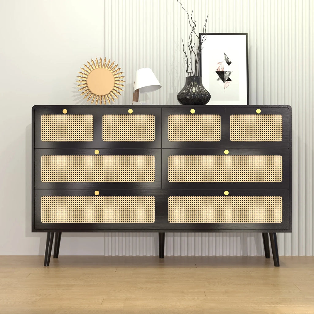 Black 6 Drawer Rattan Wood Dresser B68963