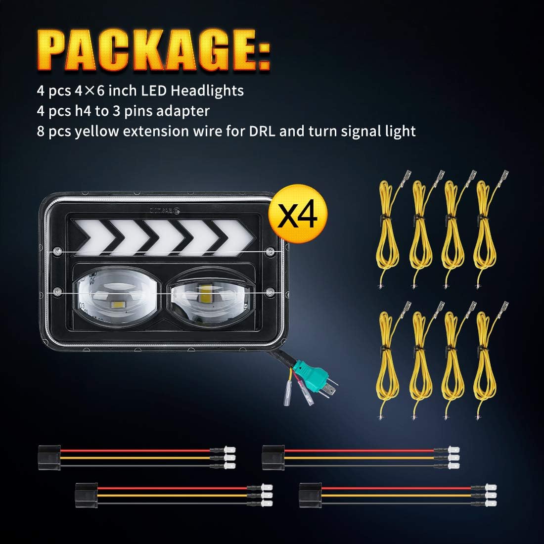 4pcs 4x6 inch LED Headlights Hi/Lo Beam Halo DRL Turn Signal Rectangular Replacement S11812