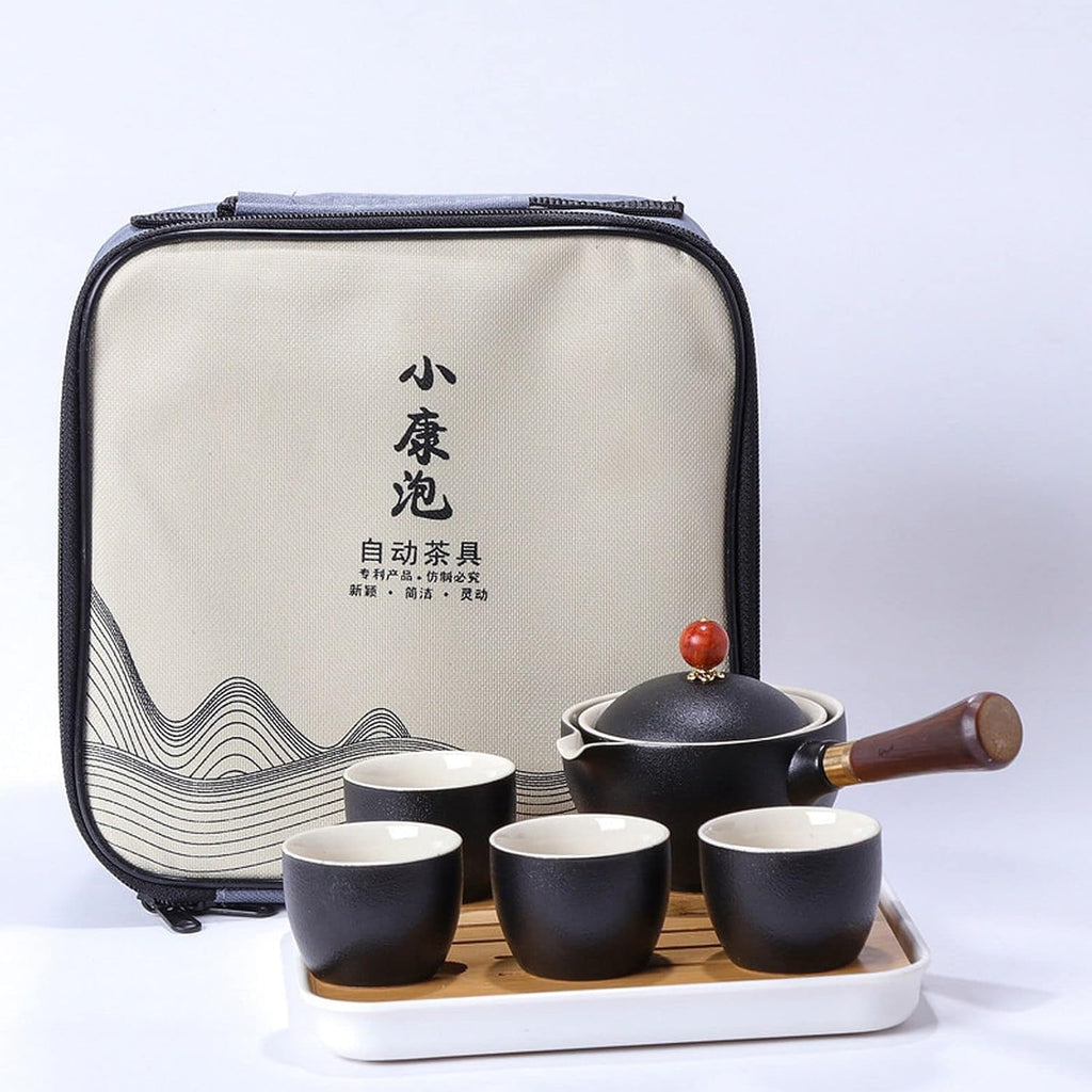 Ceramic Portable Travel Tea Set with 360 Rotation Teapot, 4 Tea Cups, Bamboo Tea Tray and Travel Bag N238