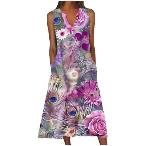 Vintage Ethnic Floral Boho Summer Maxi Dress with Pockets Buttons V Neck O968