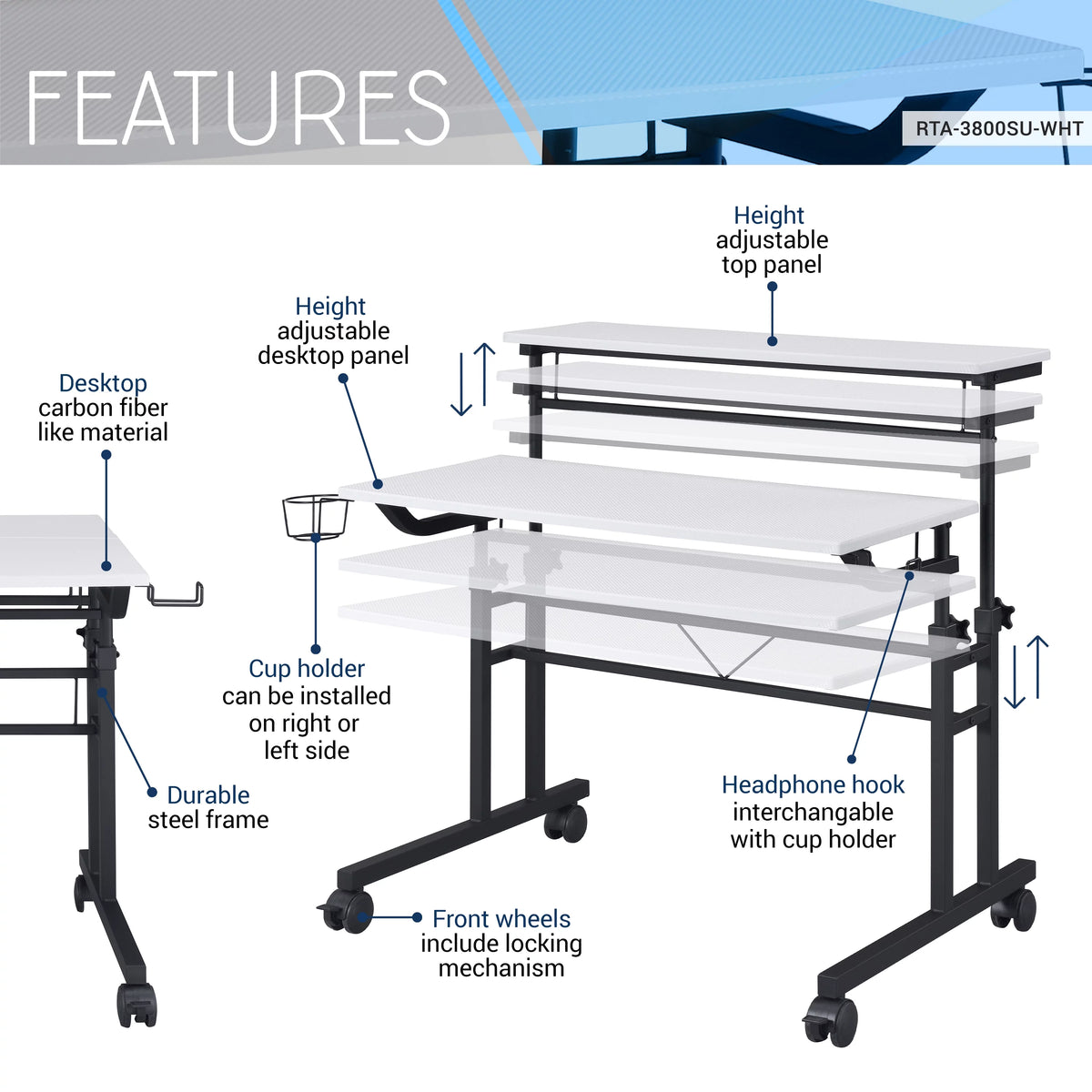 White Height Adjustable Rolling Writing Desk with Moveable Shelf F474