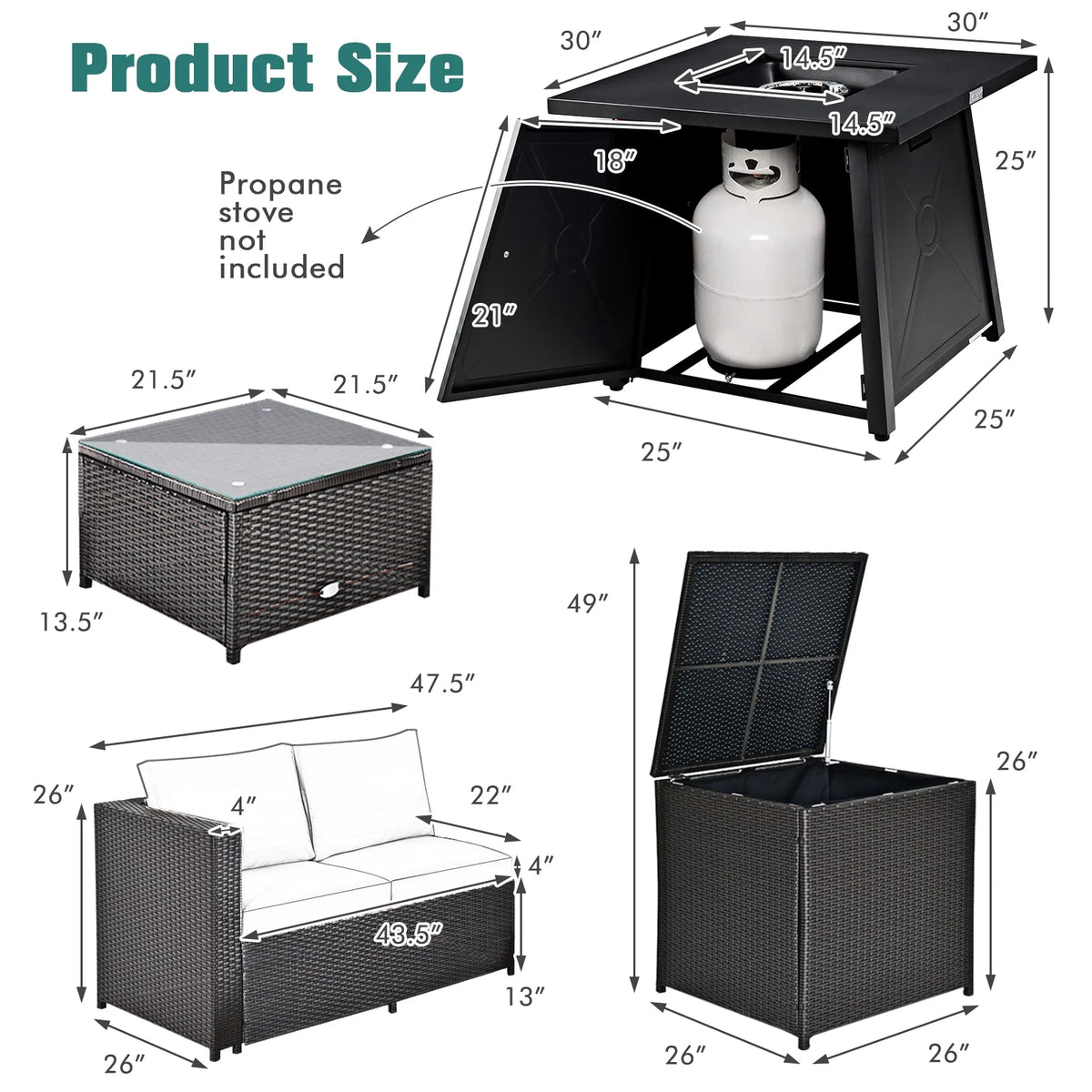 5-Piece PE Wicker Patio Furniture Set with Fire Pit Table G342049