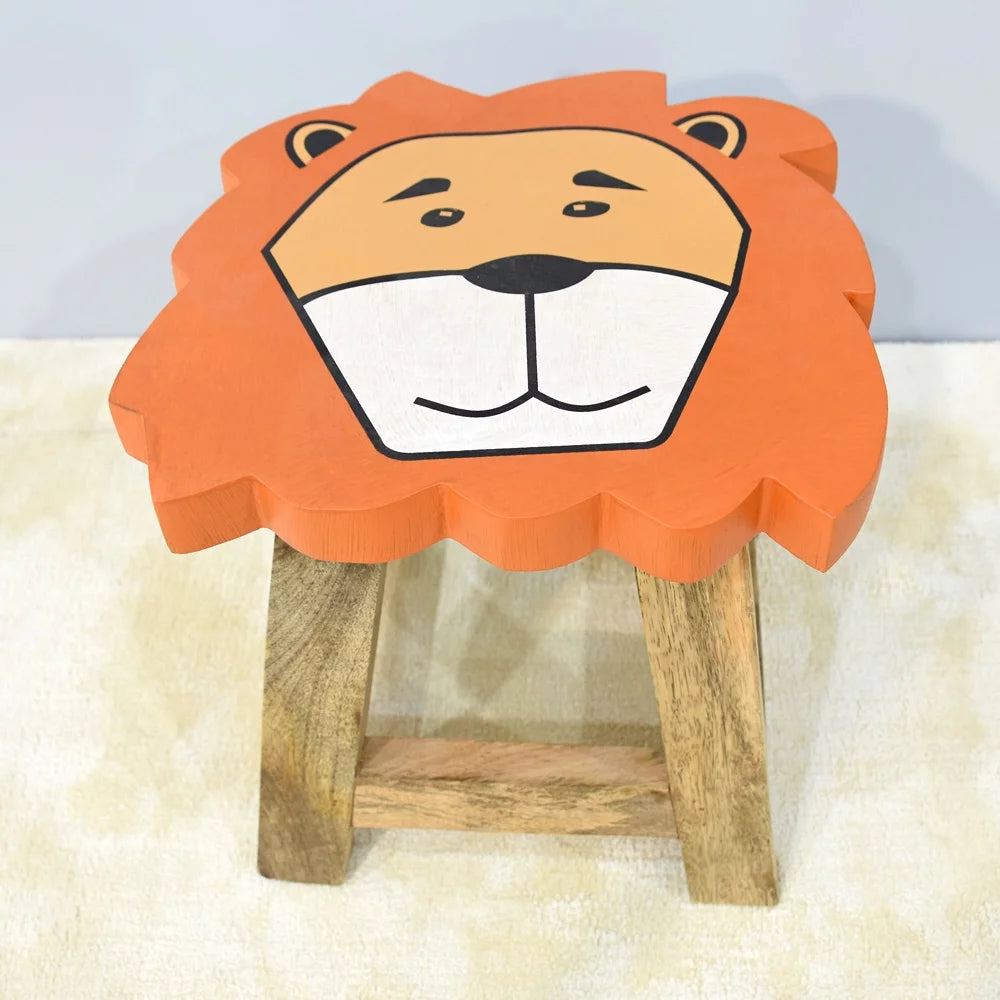 Handmade Mango Wood Orange Lion Shaped Stool N257307