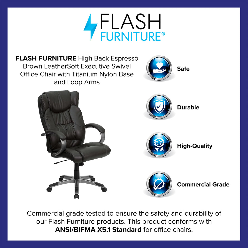 High Back Espresso Brown Executive Swivel Office Chair with Loop Arms F65425
