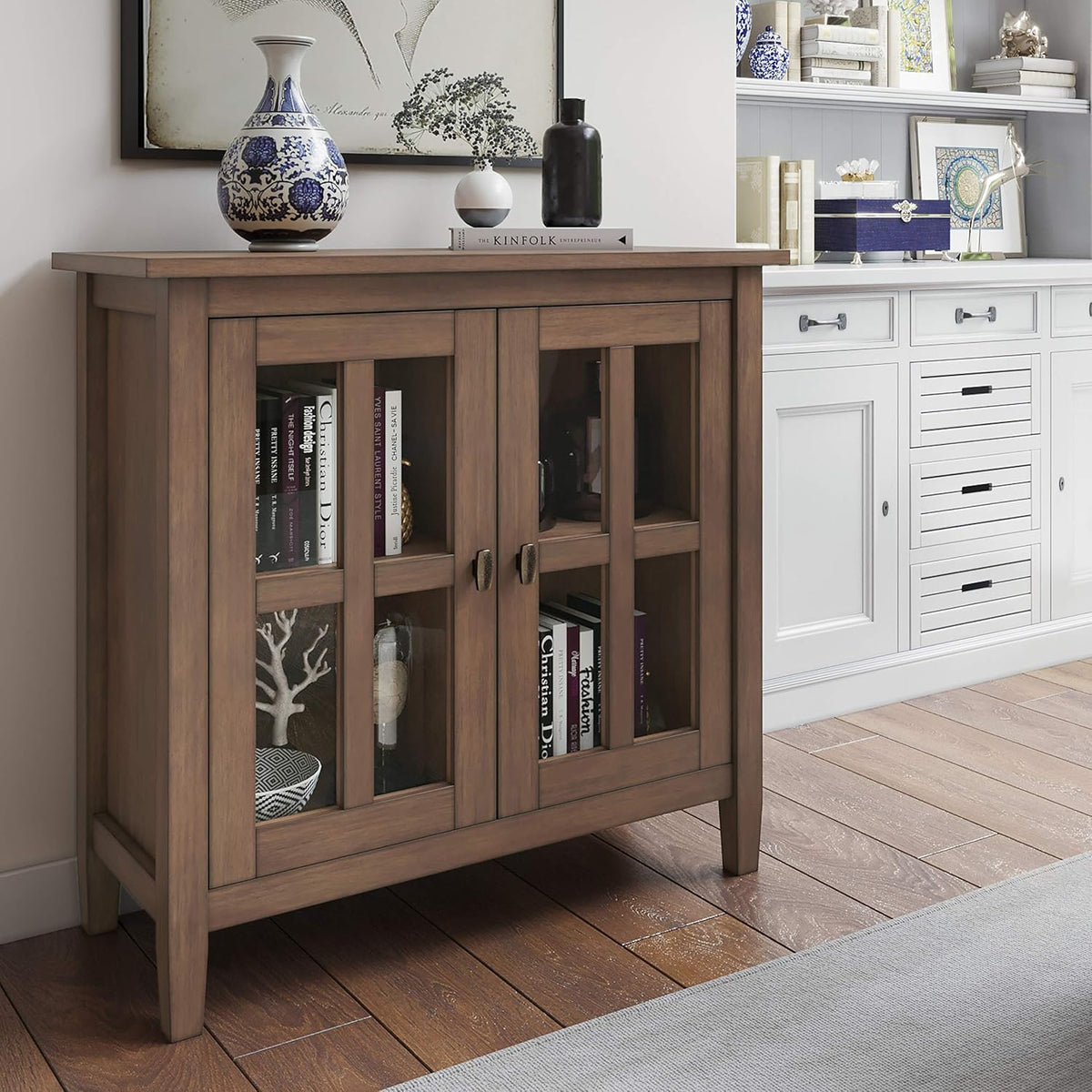 Rustic Natural Aged Brown Solid Wood Low Storage Cabinet with 2 Adjustable Shelves and Tempered Glass Door C63117