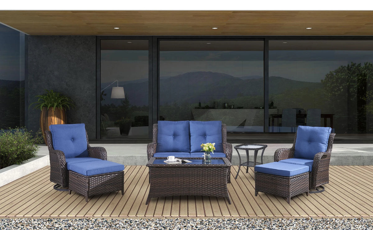 Blue 7Pcs Outdoor Rattan Patio Furniture Set with Cushion C160390