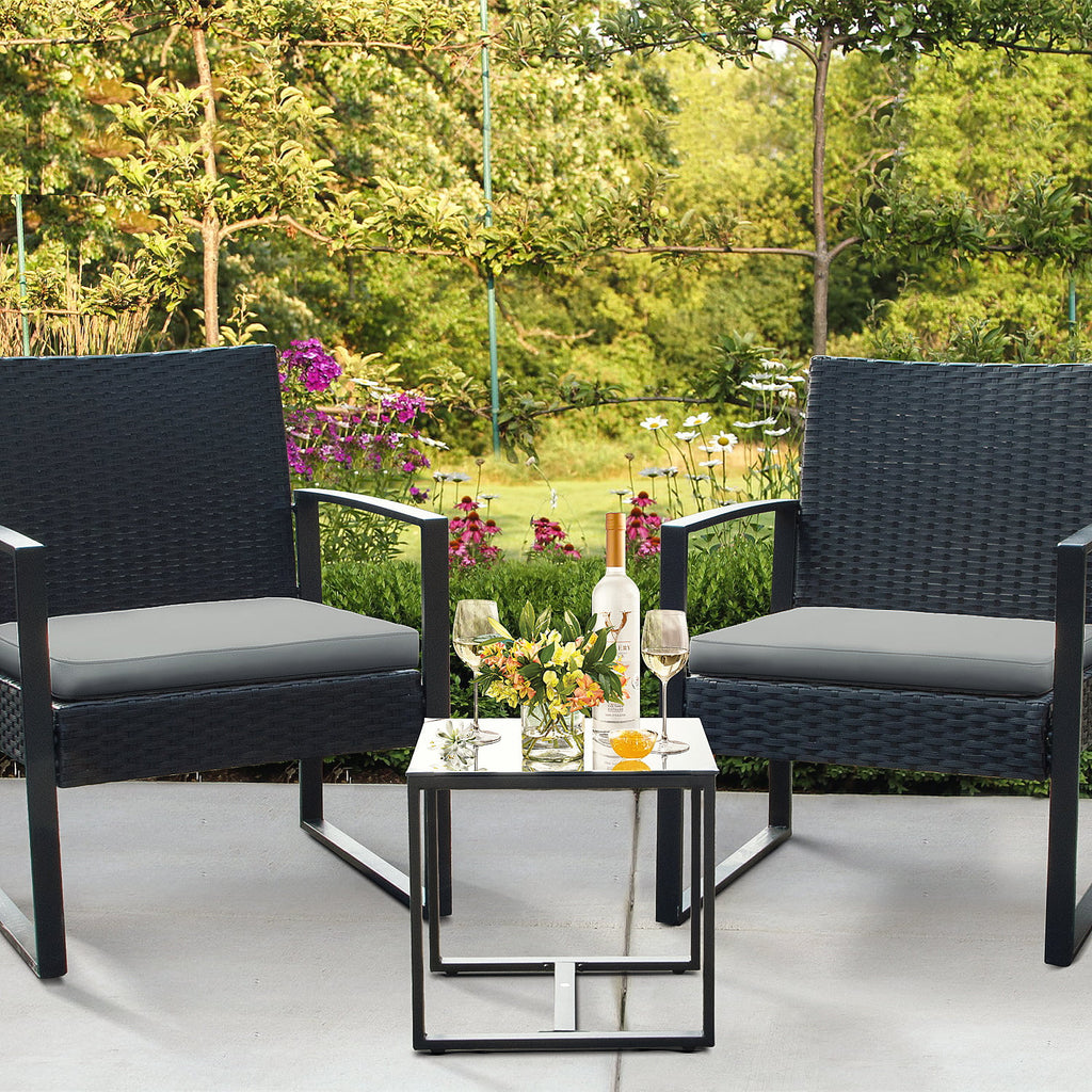 3 Pieces Cushioned PE Rattan Bistro Chairs Set of 2 with Coffee Table B429