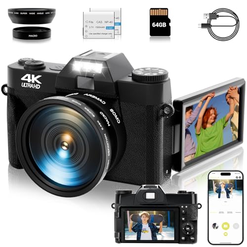 56MP 16X Digital Zoom WiFi 3'' 180° Flip Screen Compact Camera with 2 Batteries 64GB Micro SD Card (Black) J488855