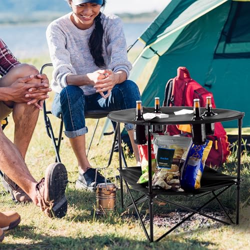 Round 2-Tier Folding Camp Table with 4 Cupholders and Carrying Bag Z643344