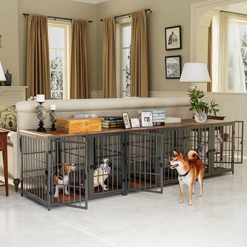 84inch Wooden Dog Crate with Three Doors and Removable Tray Rustic Brown V485602