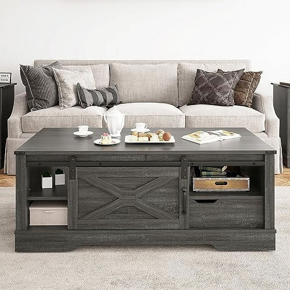 Dark Grey 48'' Rustic Coffee Table with Sliding Barn Door F732