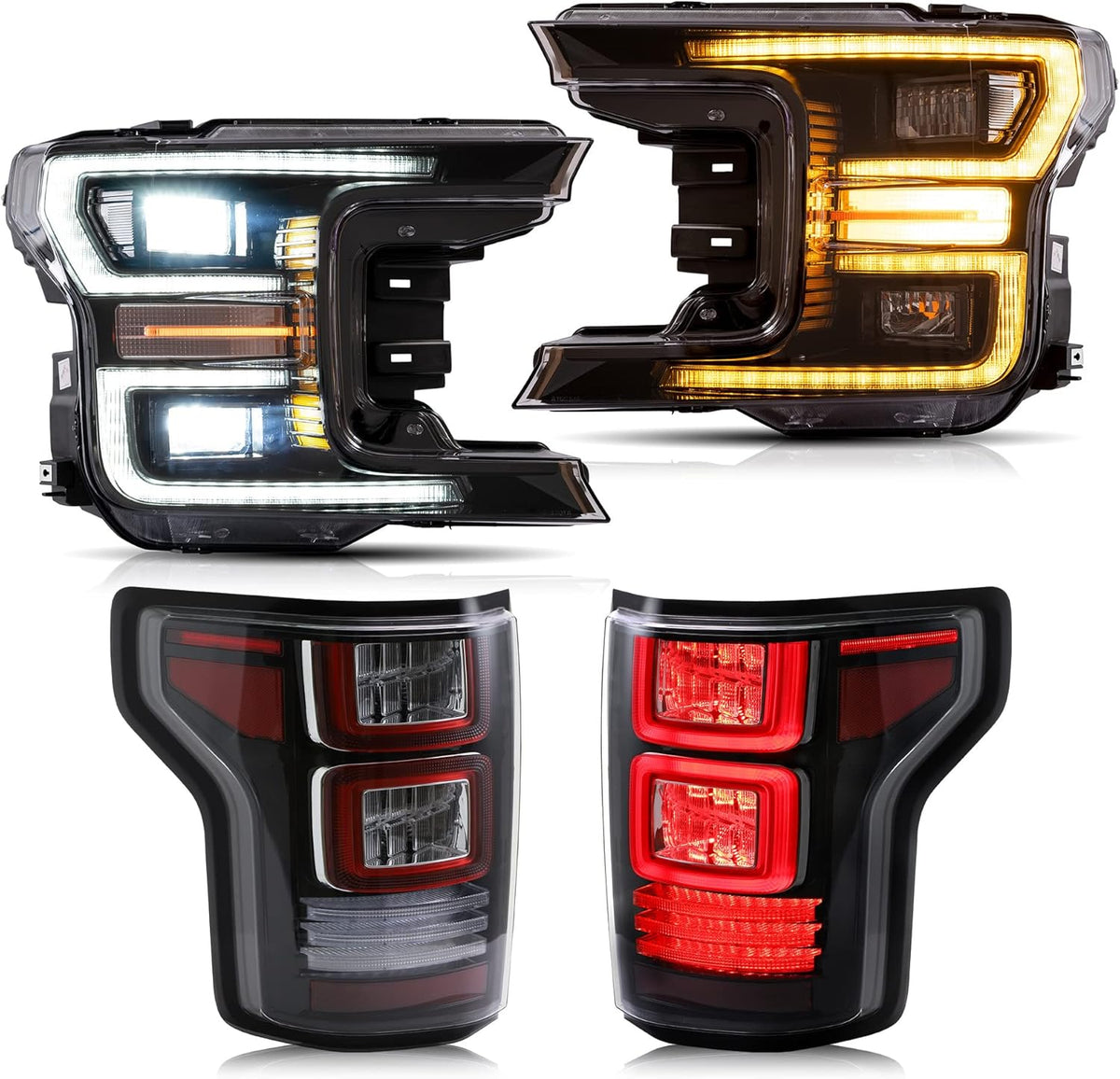 LED Projector Headlights and Clear Tail Lights with Red Turn Signal Lights for Ford F150 2018 2019 2020 F58213
