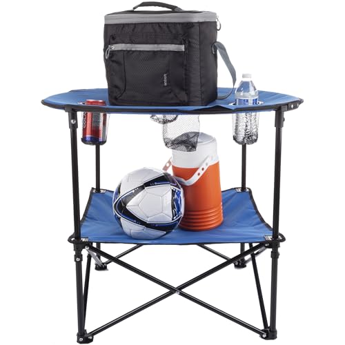 Round 2-Tier Folding Camp Table with 4 Cupholders and Carrying Bag Z643344