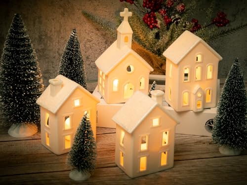 7PCS Christmas Village Sets - 3 LED Lighted Ceramic White Christmas Village Houses with Remote & 4 Trees P208
