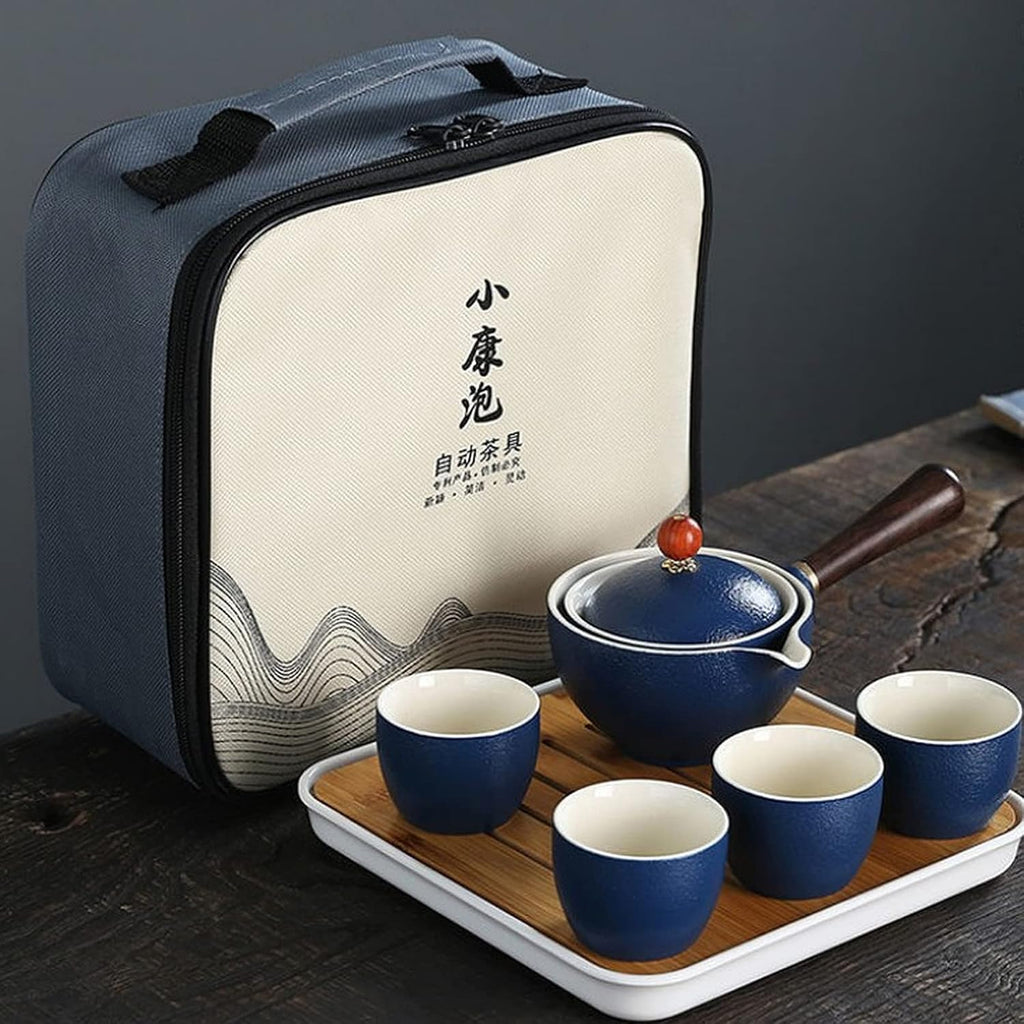Ceramic Portable Travel Tea Set with 360 Rotation Teapot, 4 Tea Cups, Bamboo Tea Tray and Travel Bag N238