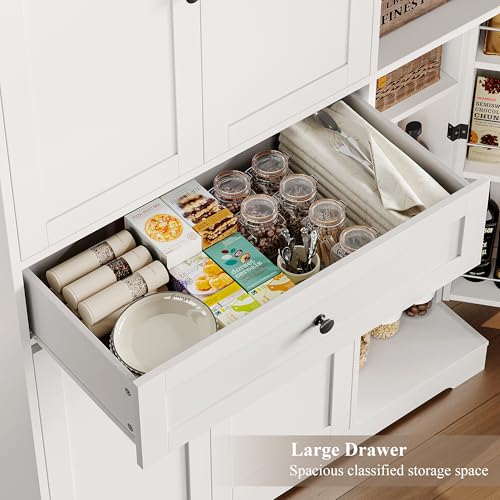 White Tall Kitchen Pantry Storage Cabinet with Doors and Shelves and Drawer C801326