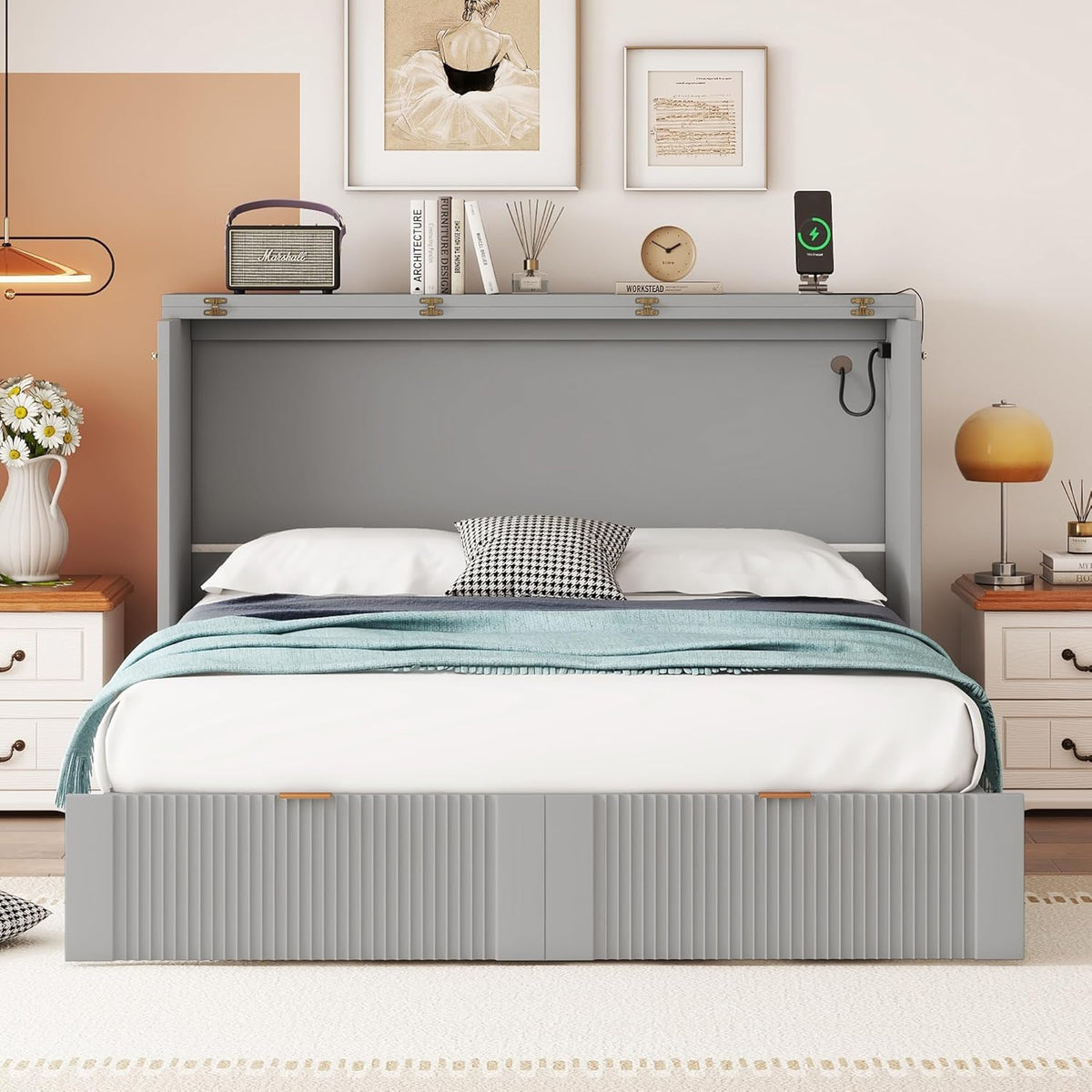 Gray Full Size Murphy Bed with Storage Drawers X58697