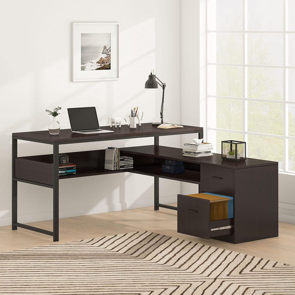 Cherry L-Shaped Computer Desk with Bookshelf and File Cabinet A944