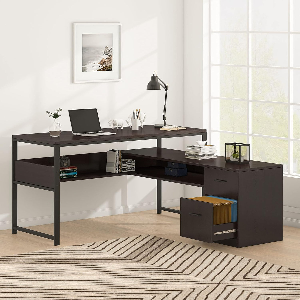 Cherry L-Shaped Computer Desk with Bookshelf and File Cabinet A944