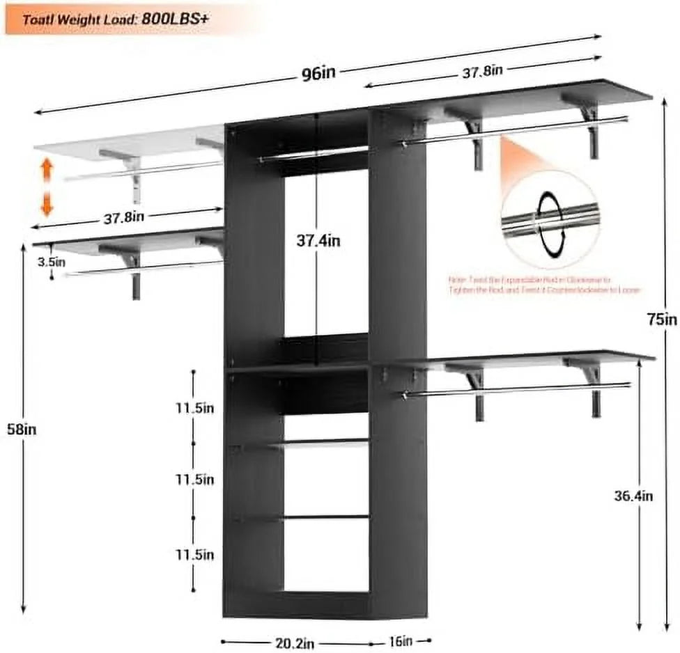 96'' 8FT Walk In Closet Organizer with 3 Shelving Towers Z787