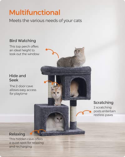 Light Gray Cat Tree with 2 Cat Caves and Scratching Post W77278
