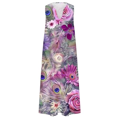 Vintage Ethnic Floral Boho Summer Maxi Dress with Pockets Buttons V Neck O968