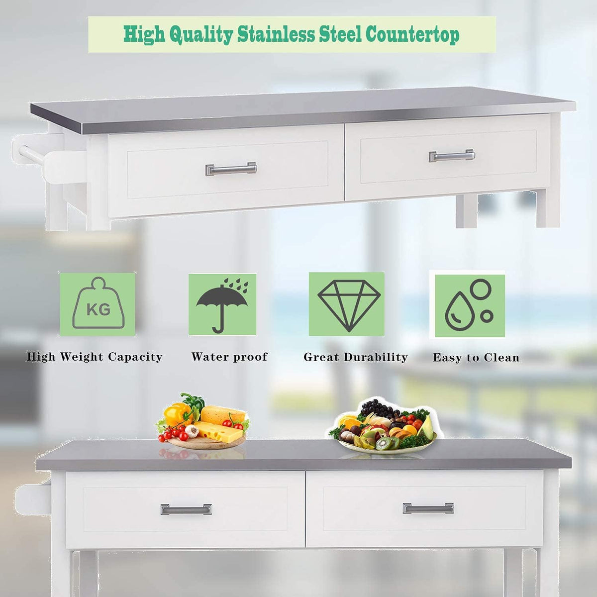 White Stainless Steel Top Kitchen Island on Wheels with 2 Drawers and Storage Shelves S1737
