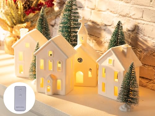7PCS Christmas Village Sets - 3 LED Lighted Ceramic White Christmas Village Houses with Remote & 4 Trees P208