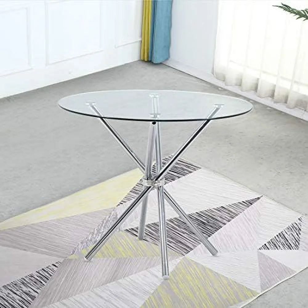 Round Glass Dining Table with Clear Tempered Glass Top 4 Chrome Legs Q885921