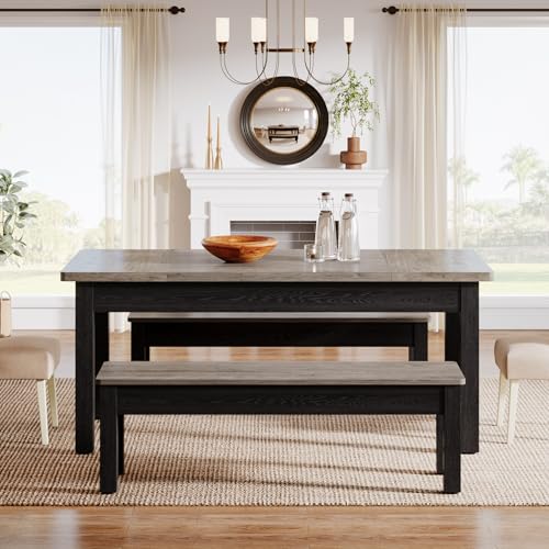 Farmhouse 55-Inch Wooden Dining Table Set with 2 Benches W6673