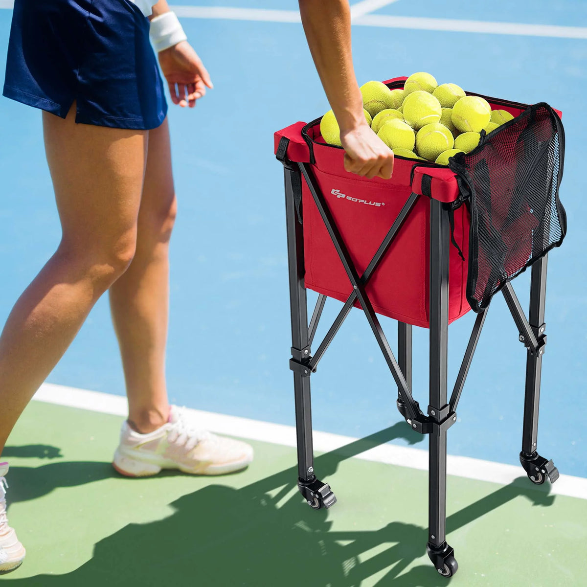 Foldable Tennis Ball Hopper Basket with Wheels & Bag Blue C56896