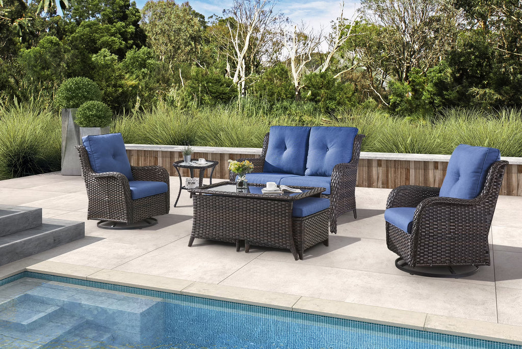 Blue 7Pcs Outdoor Rattan Patio Furniture Set with Cushion C160390