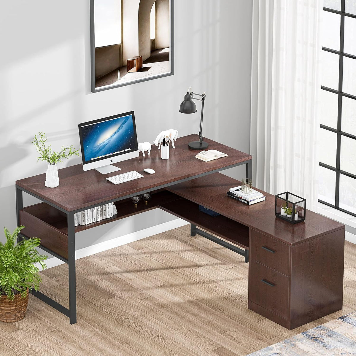 Cherry L-Shaped Computer Desk with Bookshelf and File Cabinet A944