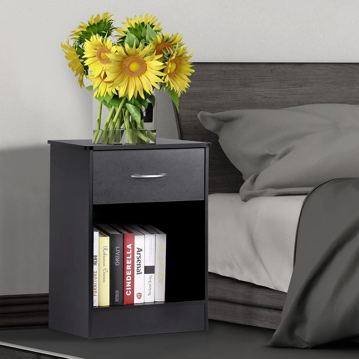 Black Nightstand with Drawers H296967
