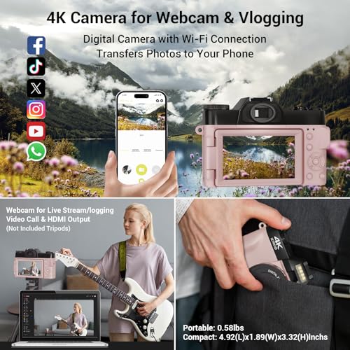 56MP 16X Digital Zoom WiFi 3'' 180° Flip Screen Compact Camera with 2 Batteries 64GB Micro SD Card (Black) J488855