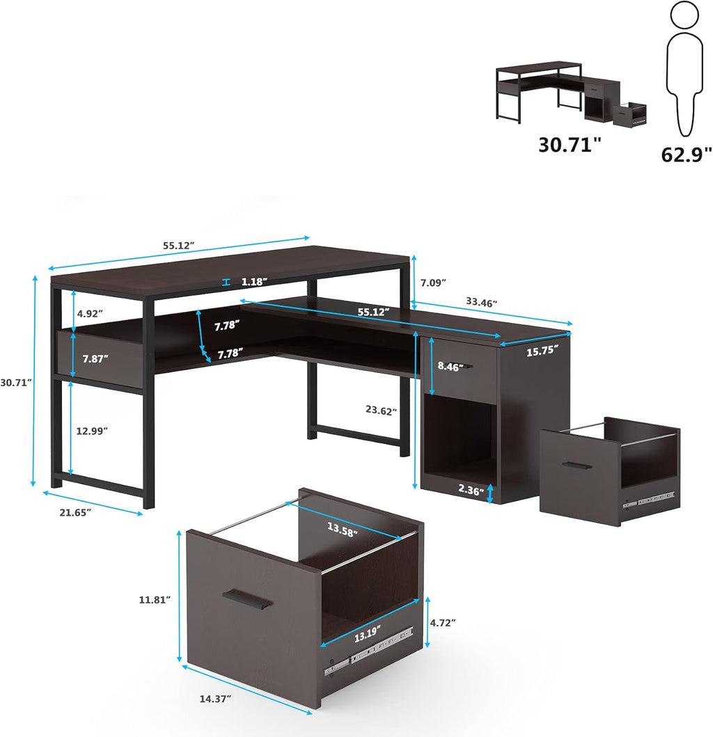 Cherry L-Shaped Computer Desk with Bookshelf and File Cabinet A944
