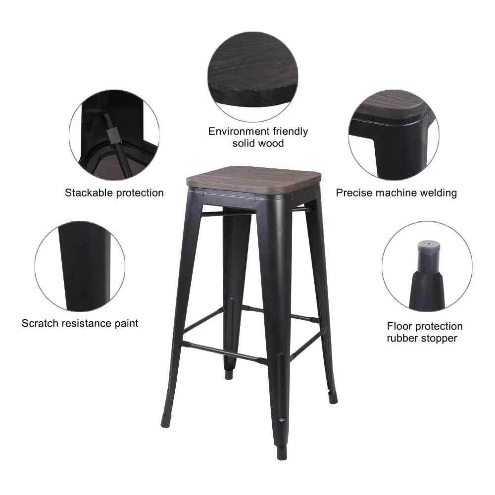 30 Inch Black Backless Metal Barstools with Dark Wood Seat, Set of 2 A5543